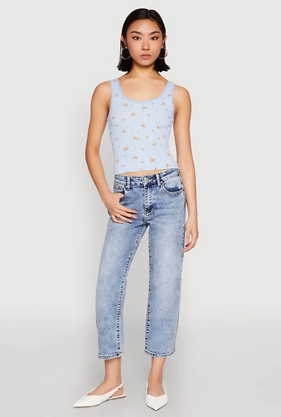 Womens Ribbed Knit Floral Print Tank Top,