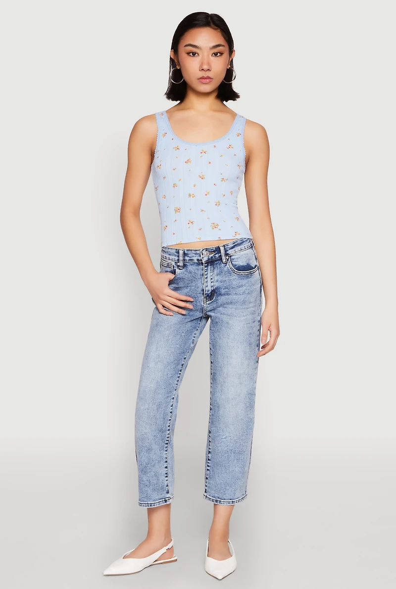 Womens Ribbed Knit Floral Print Tank Top,