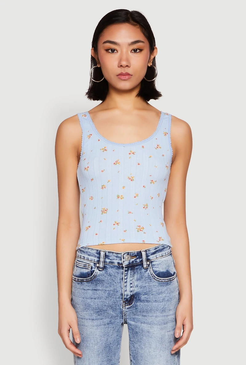 Womens Ribbed Knit Floral Print Tank Top,