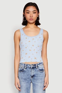 Womens Ribbed Knit Floral Print Tank Top,