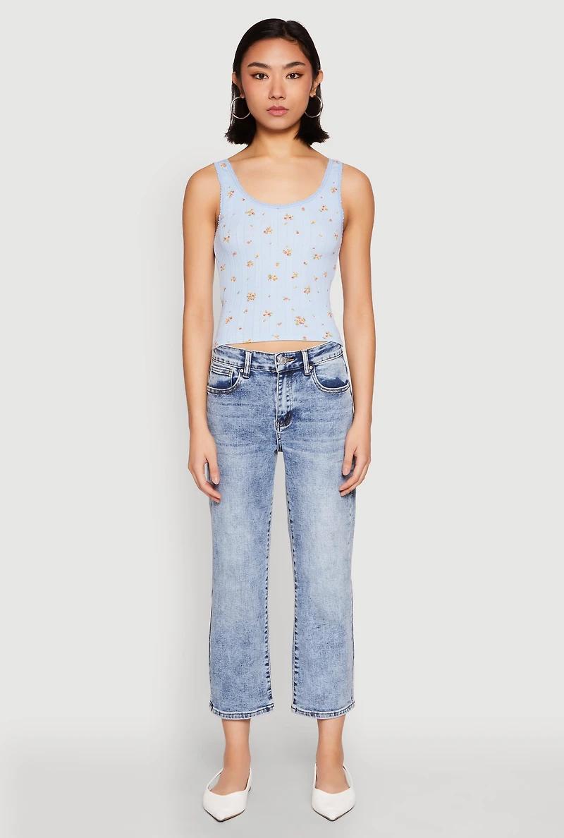 Womens Ribbed Knit Floral Print Tank Top,