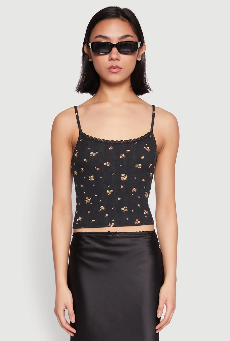 Womens Ribbed Knit Lace Trim Ditsy Print Cami,