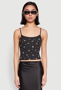 Womens Ribbed Knit Lace Trim Ditsy Print Cami,