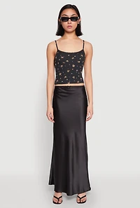 Womens Ribbed Knit Lace Trim Ditsy Print Cami,