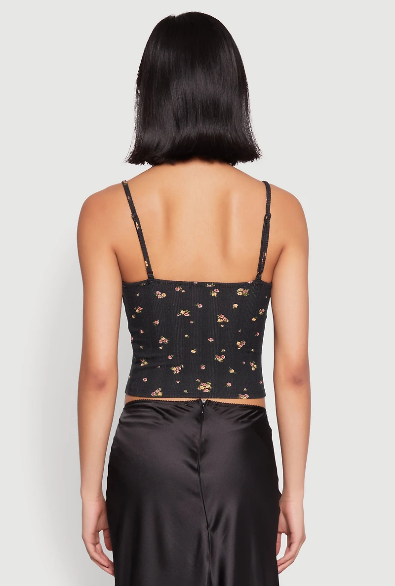 Womens Ribbed Knit Lace Trim Ditsy Print Cami,