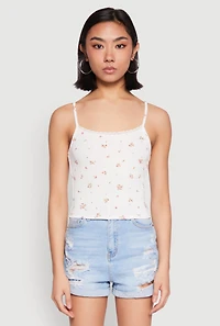 Womens Ribbed Knit Lace Trim Ditsy Print Cami, White, Size S