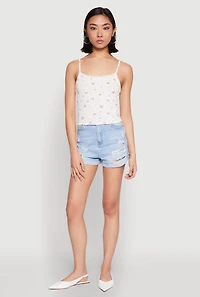 Womens Ribbed Knit Lace Trim Ditsy Print Cami, White, Size S