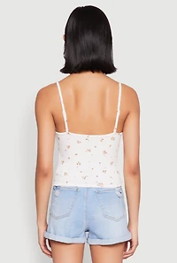 Womens Ribbed Knit Lace Trim Ditsy Print Cami, White, Size S