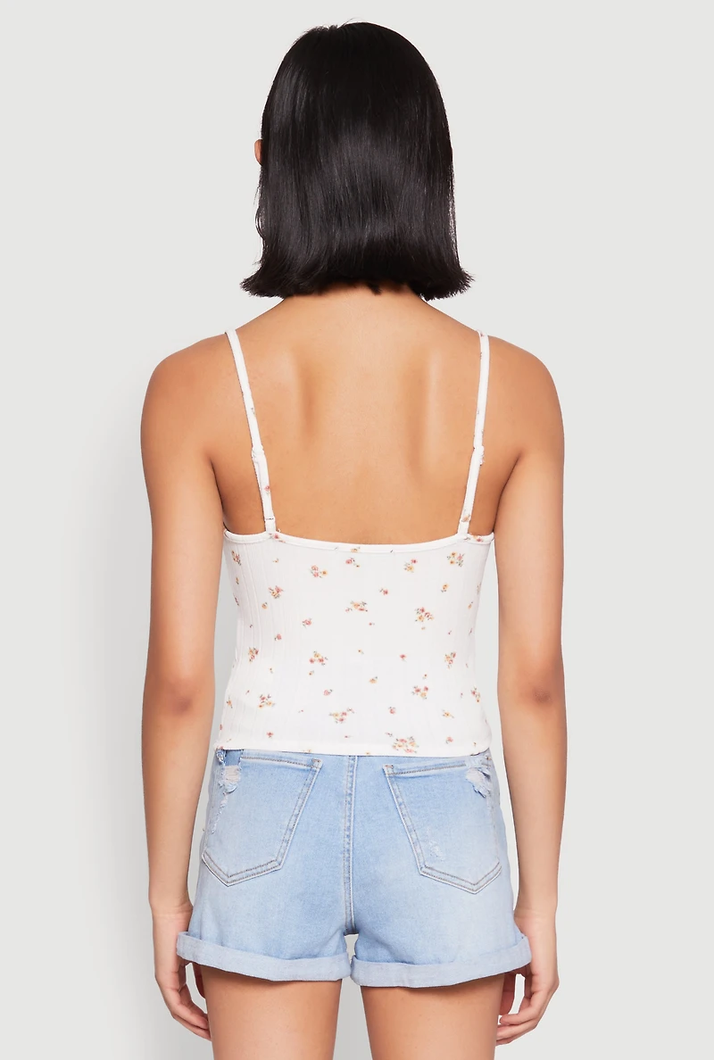 Womens Ribbed Knit Lace Trim Ditsy Print Cami, White, Size M