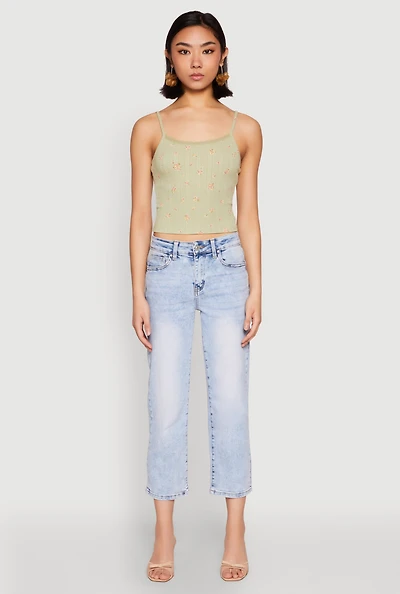 Womens Ribbed Knit Lace Trim Ditsy Print Cami, Green, Size L