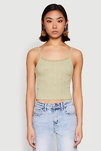 Womens Ribbed Knit Lace Trim Ditsy Print Cami, Green, Size L