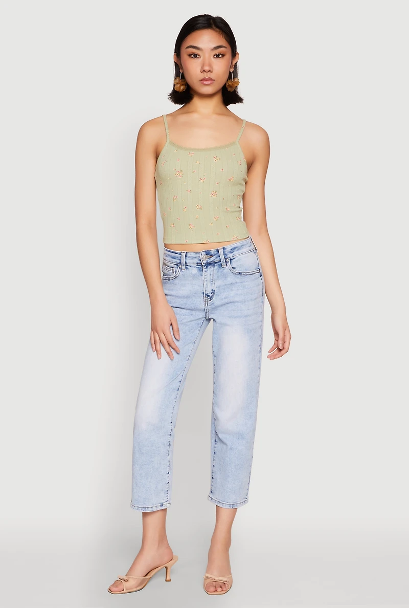 Womens Ribbed Knit Lace Trim Ditsy Print Cami, Green, Size L