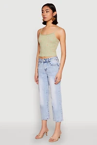 Womens Ribbed Knit Lace Trim Ditsy Print Cami, Green, Size L