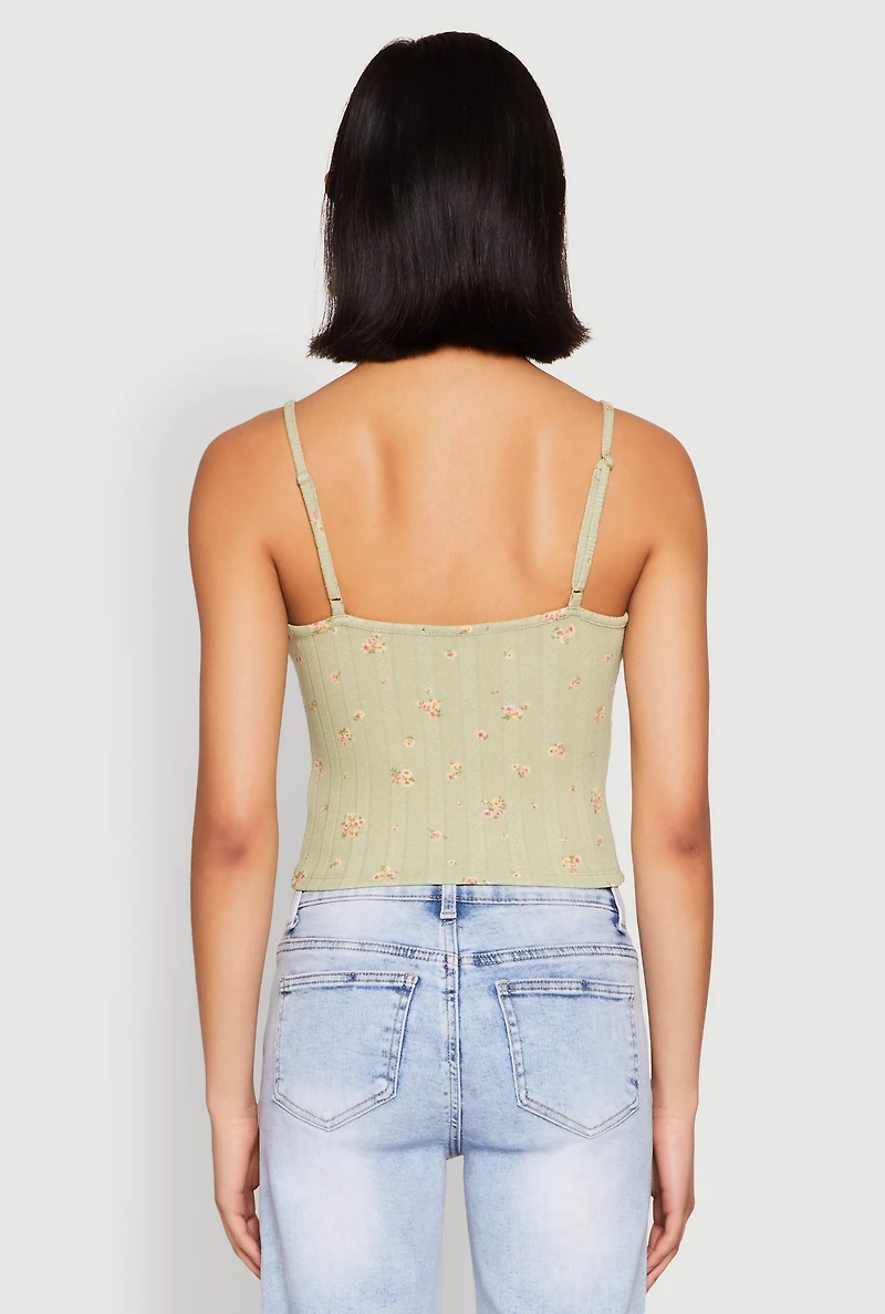 Womens Ribbed Knit Lace Trim Ditsy Print Cami, Green, Size L