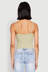 Womens Ribbed Knit Lace Trim Ditsy Print Cami, Green, Size L