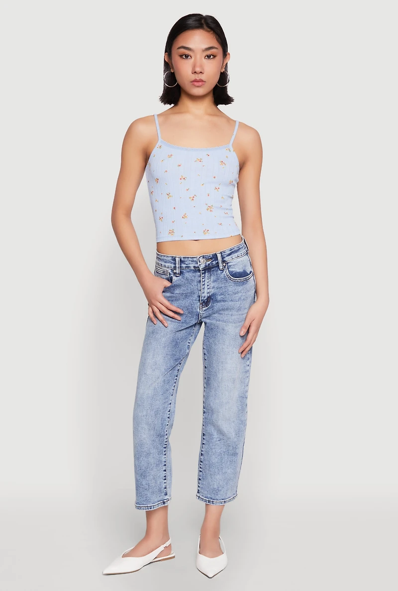 Ribbed Knit Lace Trim Ditsy Print Cami