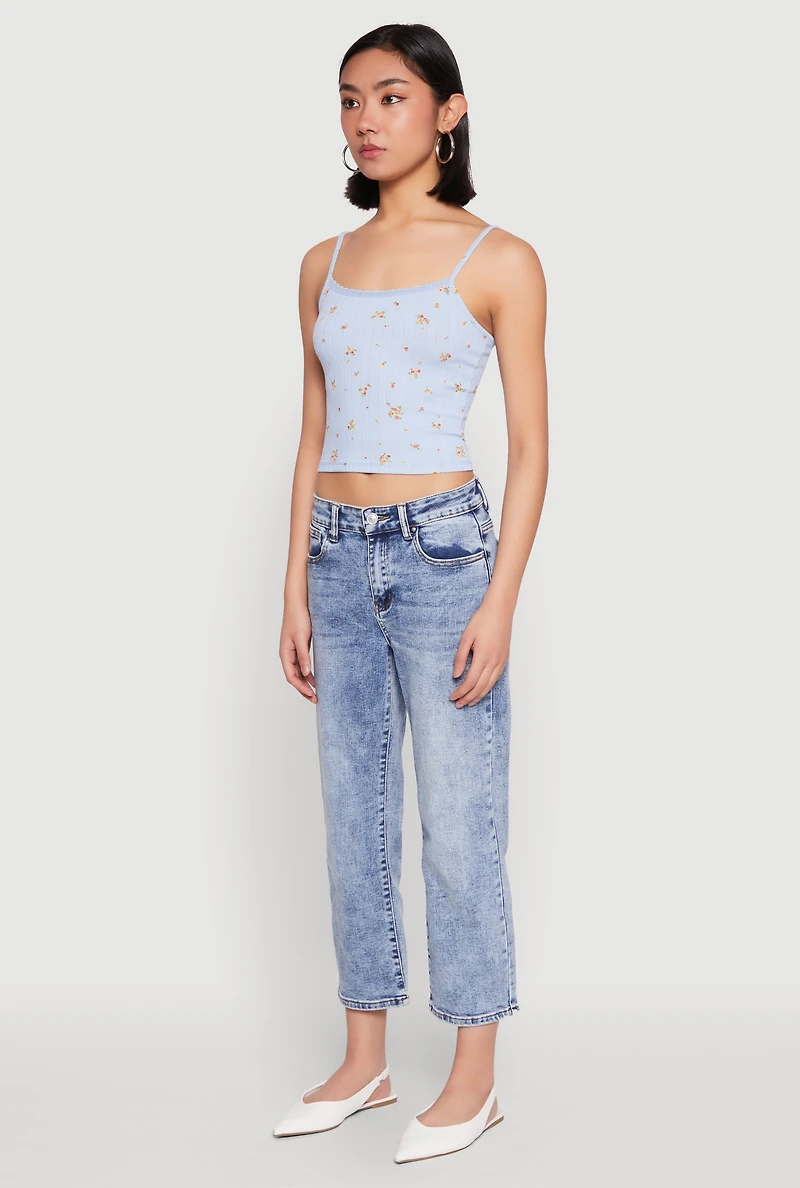 Ribbed Knit Lace Trim Ditsy Print Cami