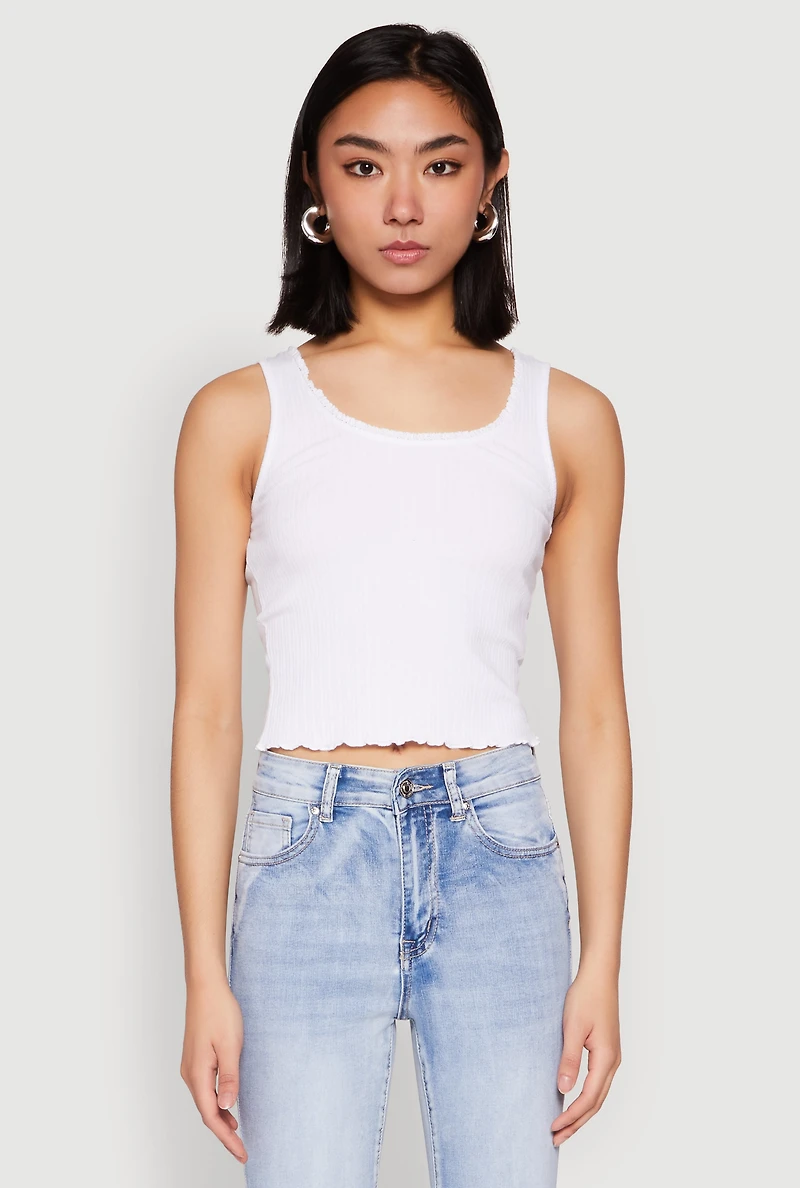 Womens Crochet Trim Rib Knit Tank Top, White, Size S