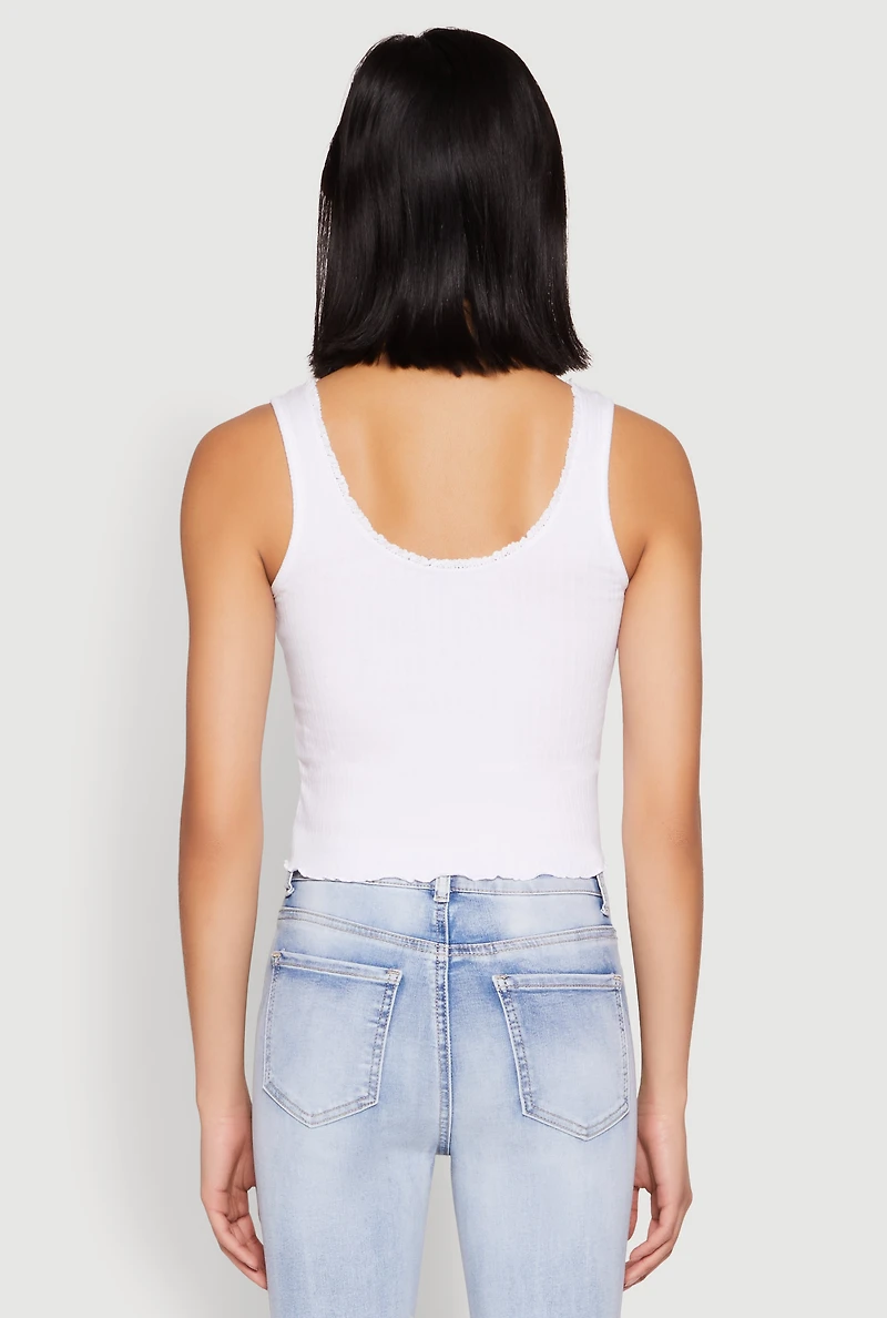 Womens Crochet Trim Rib Knit Tank Top, White, Size S