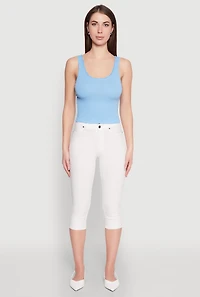 Womens Crochet Trim Rib Knit Tank Top, Blue, Size M