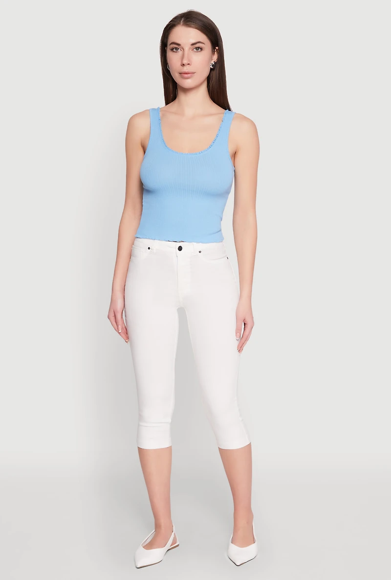 Womens Crochet Trim Rib Knit Tank Top, Blue, Size M