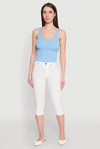Womens Crochet Trim Rib Knit Tank Top, Blue, Size M