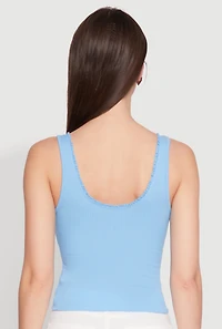Womens Crochet Trim Rib Knit Tank Top, Blue, Size M