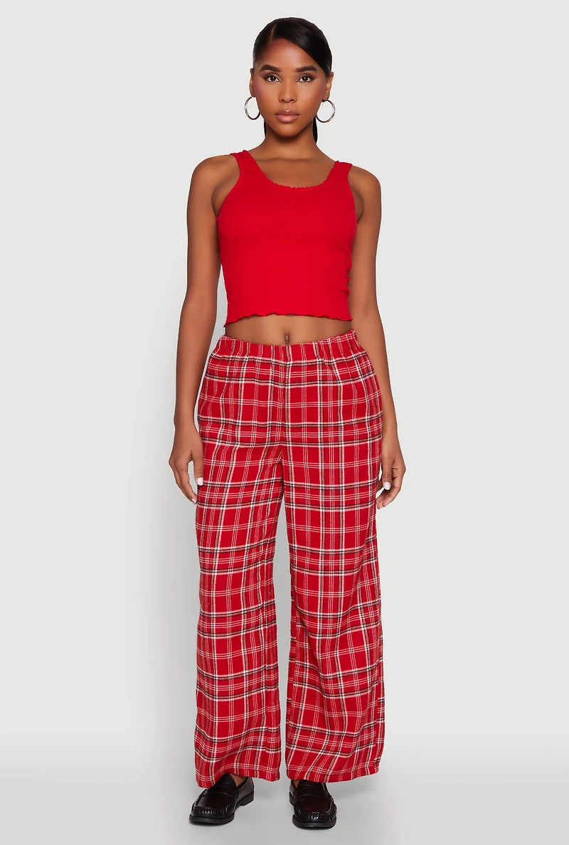 Womens Crochet Trim Rib Knit Tank Top, Red,