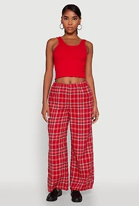 Womens Crochet Trim Rib Knit Tank Top, Red,