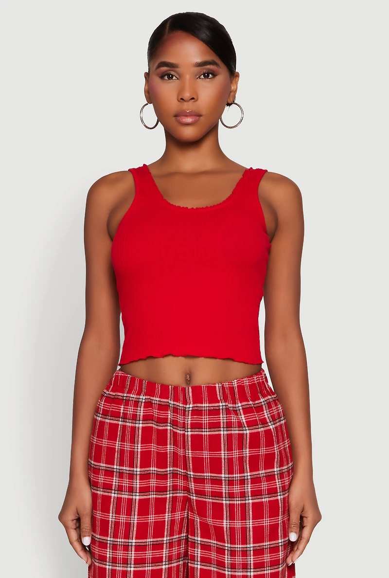 Womens Crochet Trim Rib Knit Tank Top, Red,