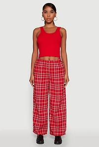 Womens Crochet Trim Rib Knit Tank Top, Red,