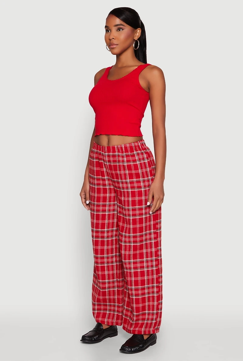 Womens Crochet Trim Rib Knit Tank Top, Red,