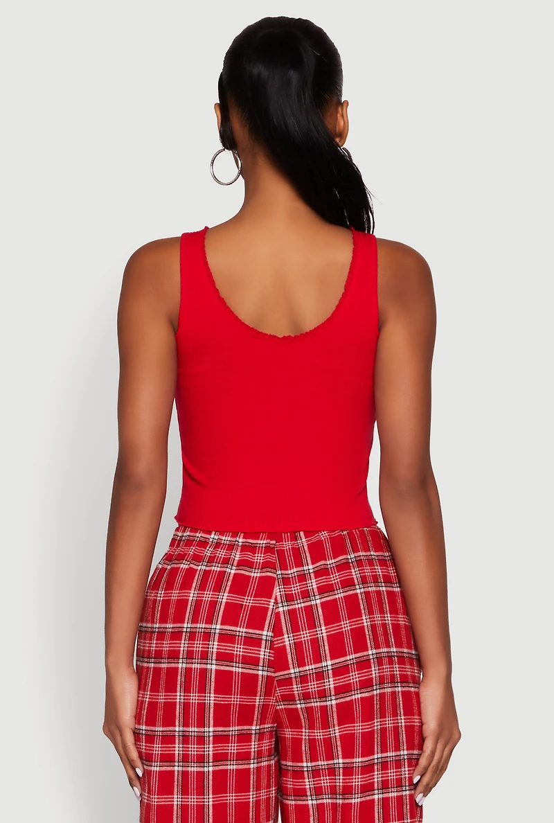 Womens Crochet Trim Rib Knit Tank Top, Red,