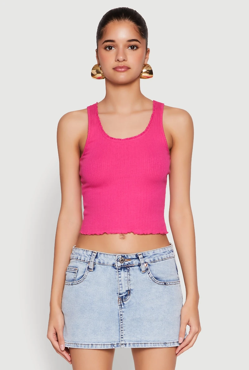 Womens Crochet Trim Rib Knit Tank Top, Pink, Size L