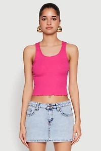 Womens Crochet Trim Rib Knit Tank Top, Pink, Size L