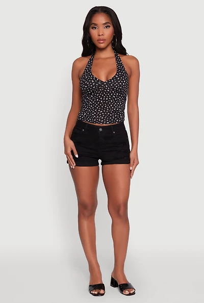 Womens Ditsy Floral Print Side Ruched Tie Neck Halter Top,