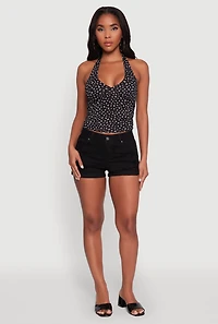 Womens Ditsy Floral Print Side Ruched Tie Neck Halter Top, Black, Size S