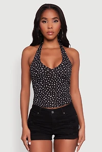 Womens Ditsy Floral Print Side Ruched Tie Neck Halter Top, Black, Size S