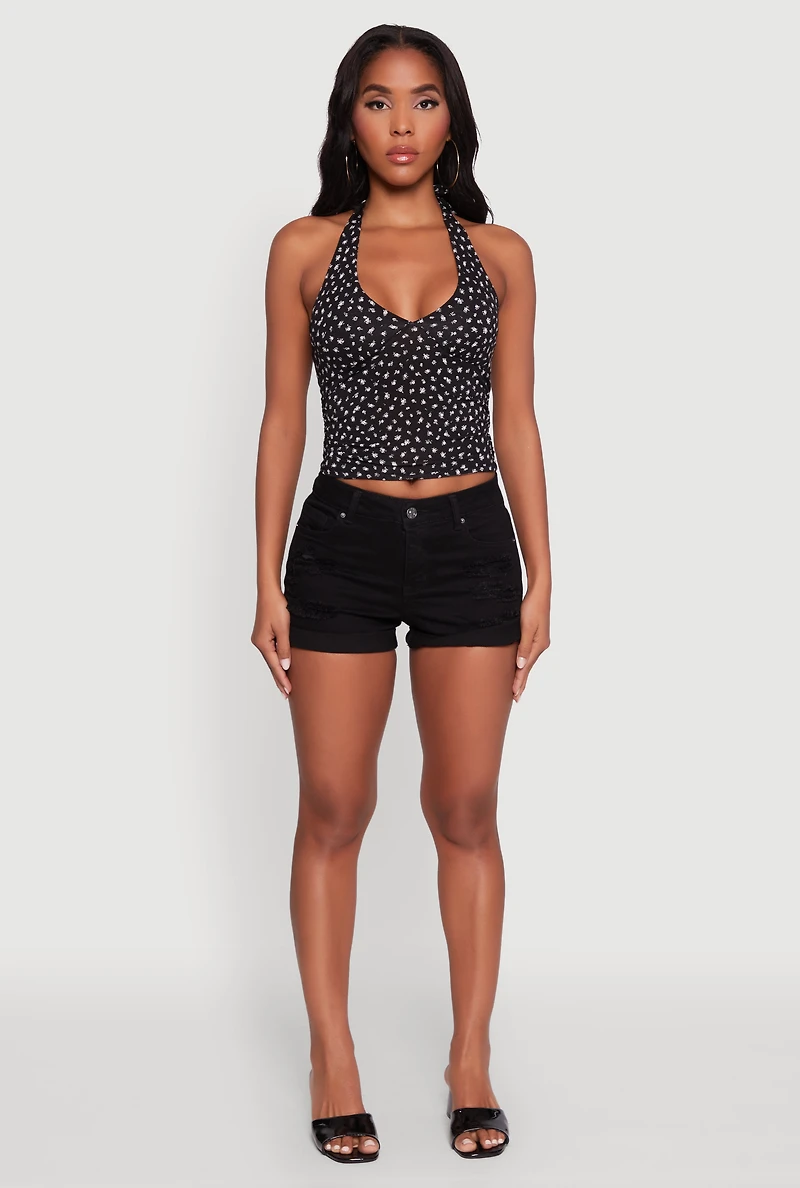 Womens Ditsy Floral Print Side Ruched Tie Neck Halter Top,