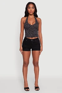 Womens Ditsy Floral Print Side Ruched Tie Neck Halter Top,