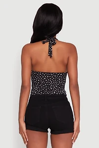 Womens Ditsy Floral Print Side Ruched Tie Neck Halter Top, Black, Size S