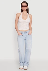 Ditsy Floral Print Side Ruched Tie Neck Halter Top