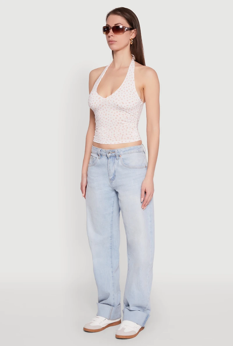 Ditsy Floral Print Side Ruched Tie Neck Halter Top