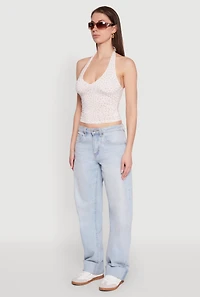 Ditsy Floral Print Side Ruched Tie Neck Halter Top