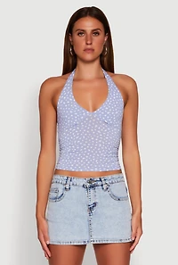 Womens Ditsy Floral Print Side Ruched Tie Neck Halter Top, S
