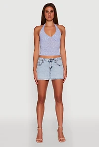 Womens Ditsy Floral Print Side Ruched Tie Neck Halter Top, S
