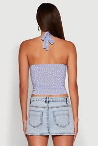 Womens Ditsy Floral Print Side Ruched Tie Neck Halter Top, Blue,
