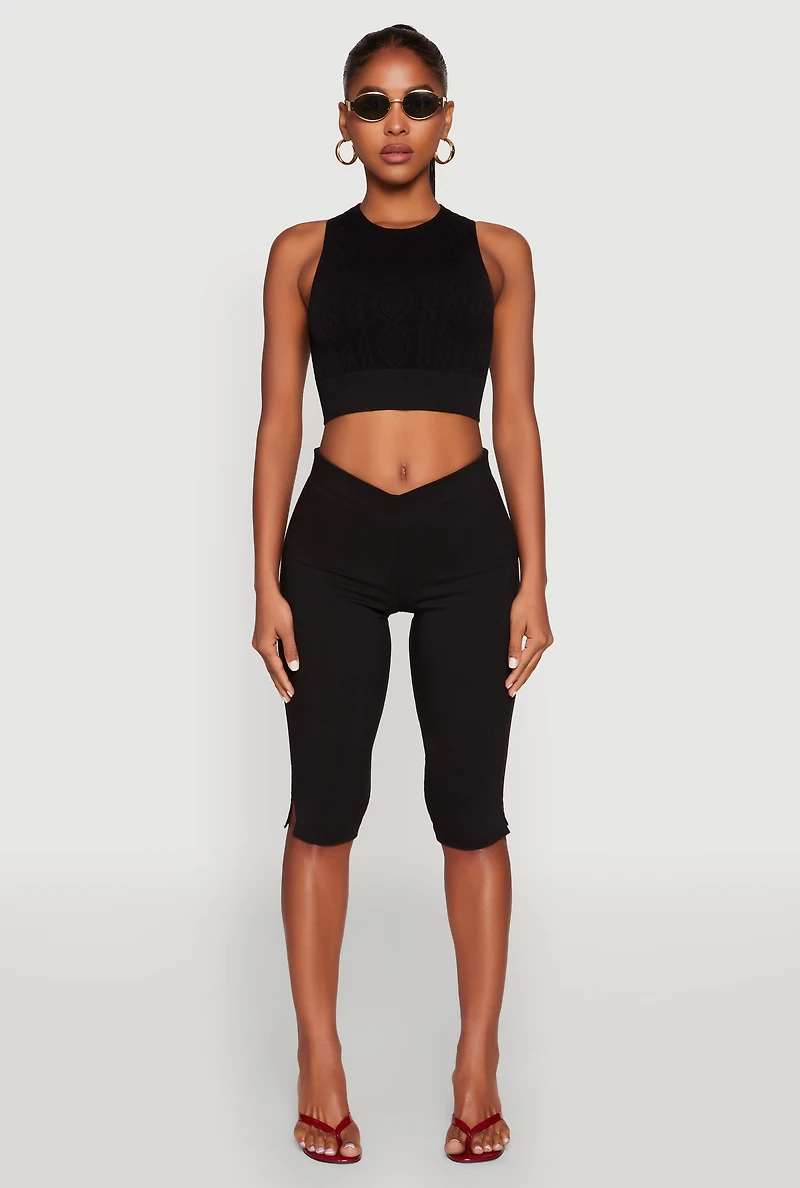 Womens Seamless Cable Knit Crop Tank Top, Black, Size L-XL