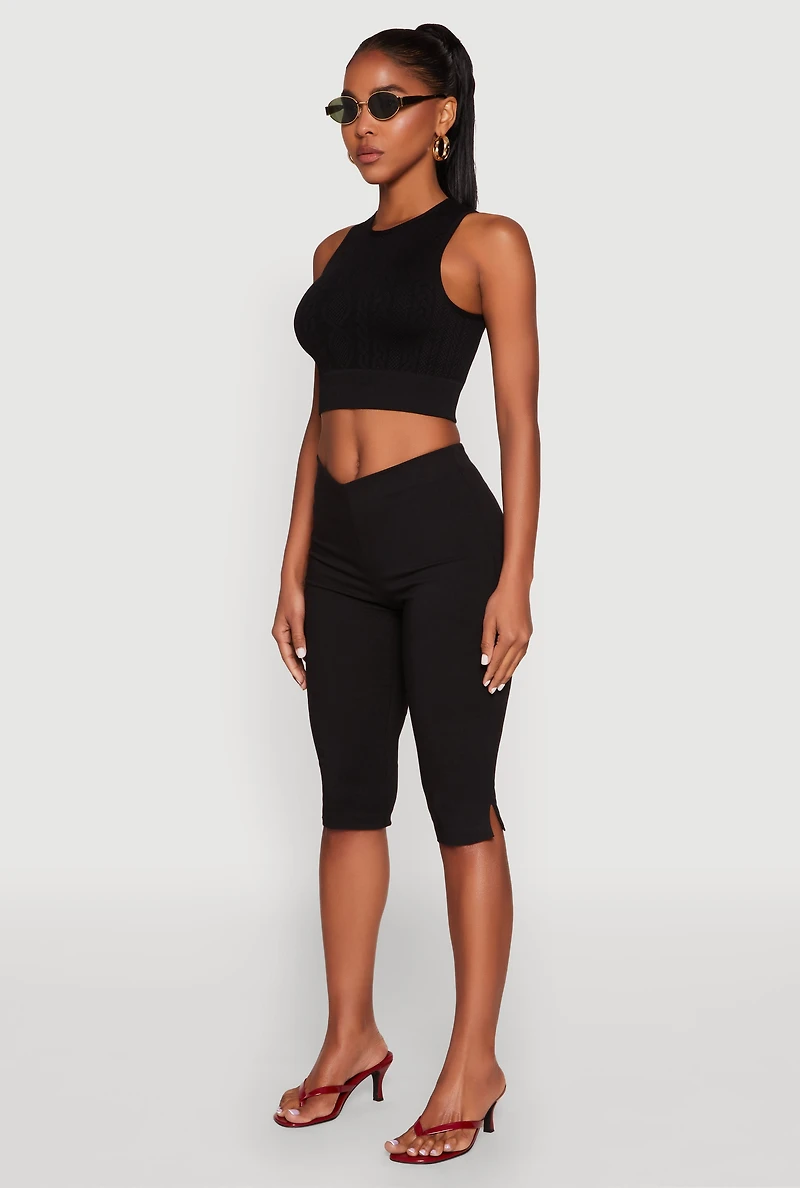 Womens Seamless Cable Knit Crop Tank Top, Black, Size L-XL