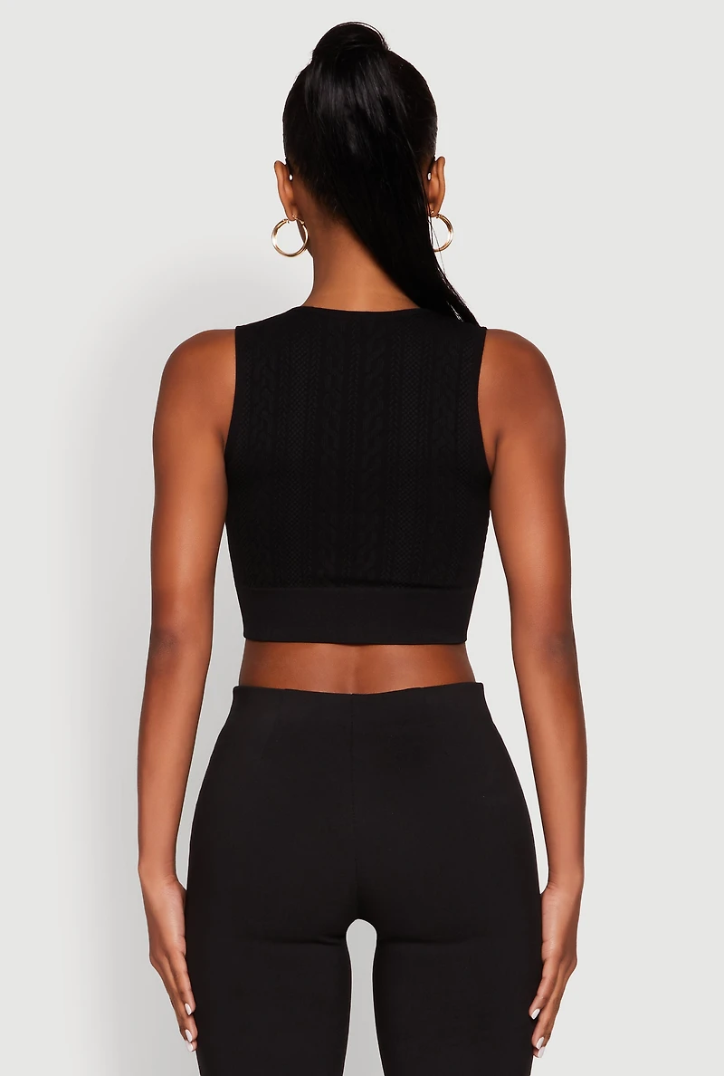 Womens Seamless Cable Knit Crop Tank Top, Black, Size L-XL